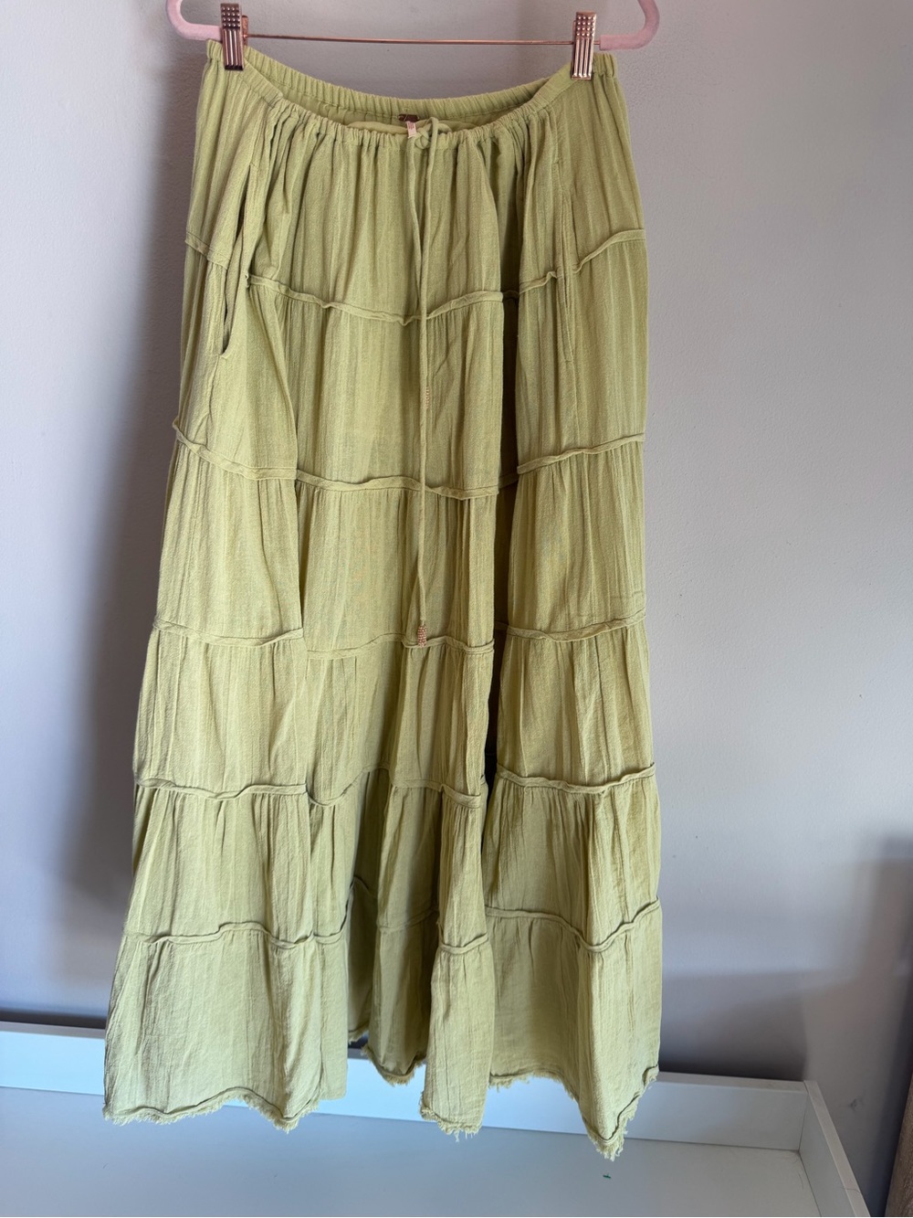 Free People XL Gauze Tiered Maxi Skirt Chartreuse Olive Green Raw Hem Boho